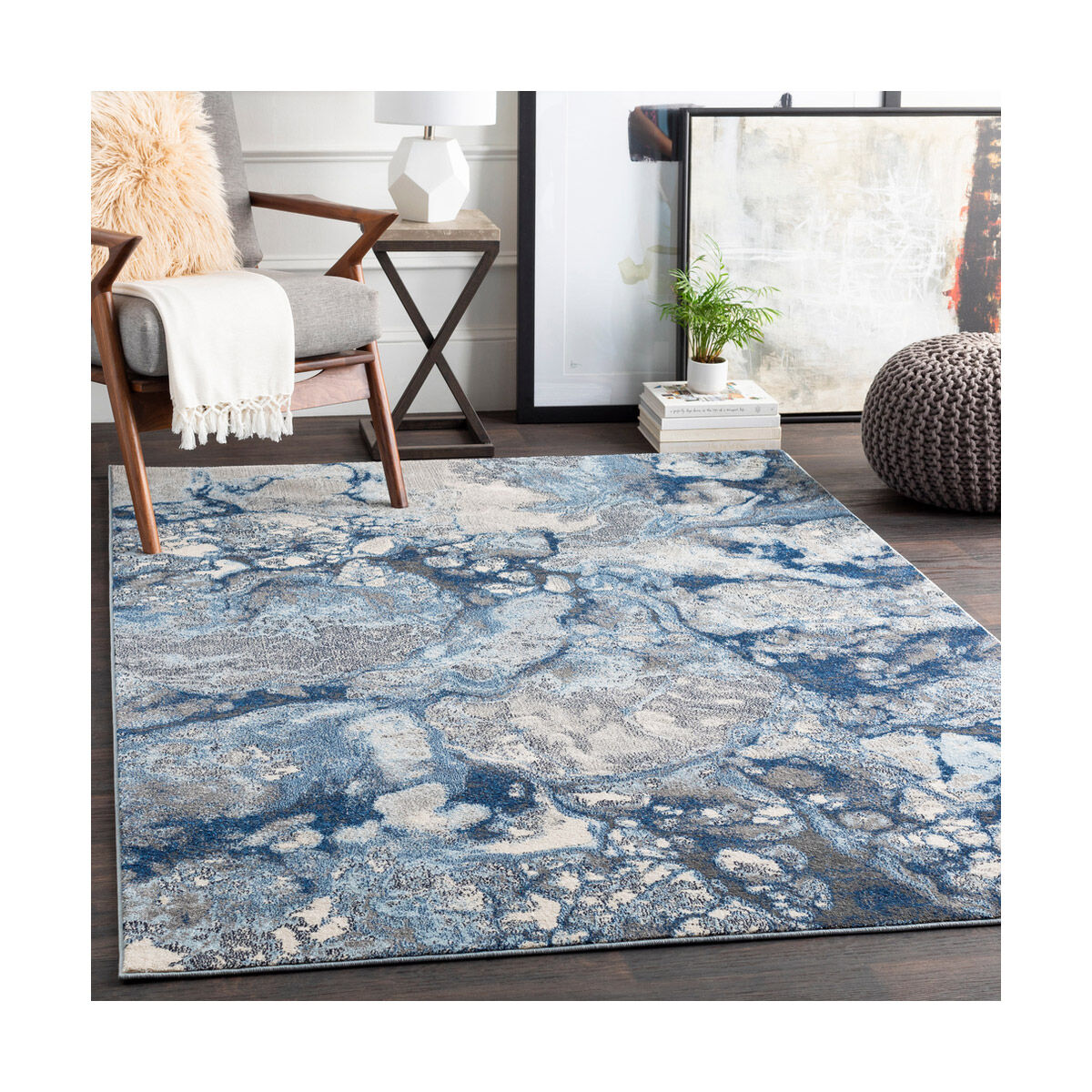 Brighton 90 X 62 inch Bright Blue/Navy/Medium Gray/Pale Blue/Cream/Black Rugs, Rectangle