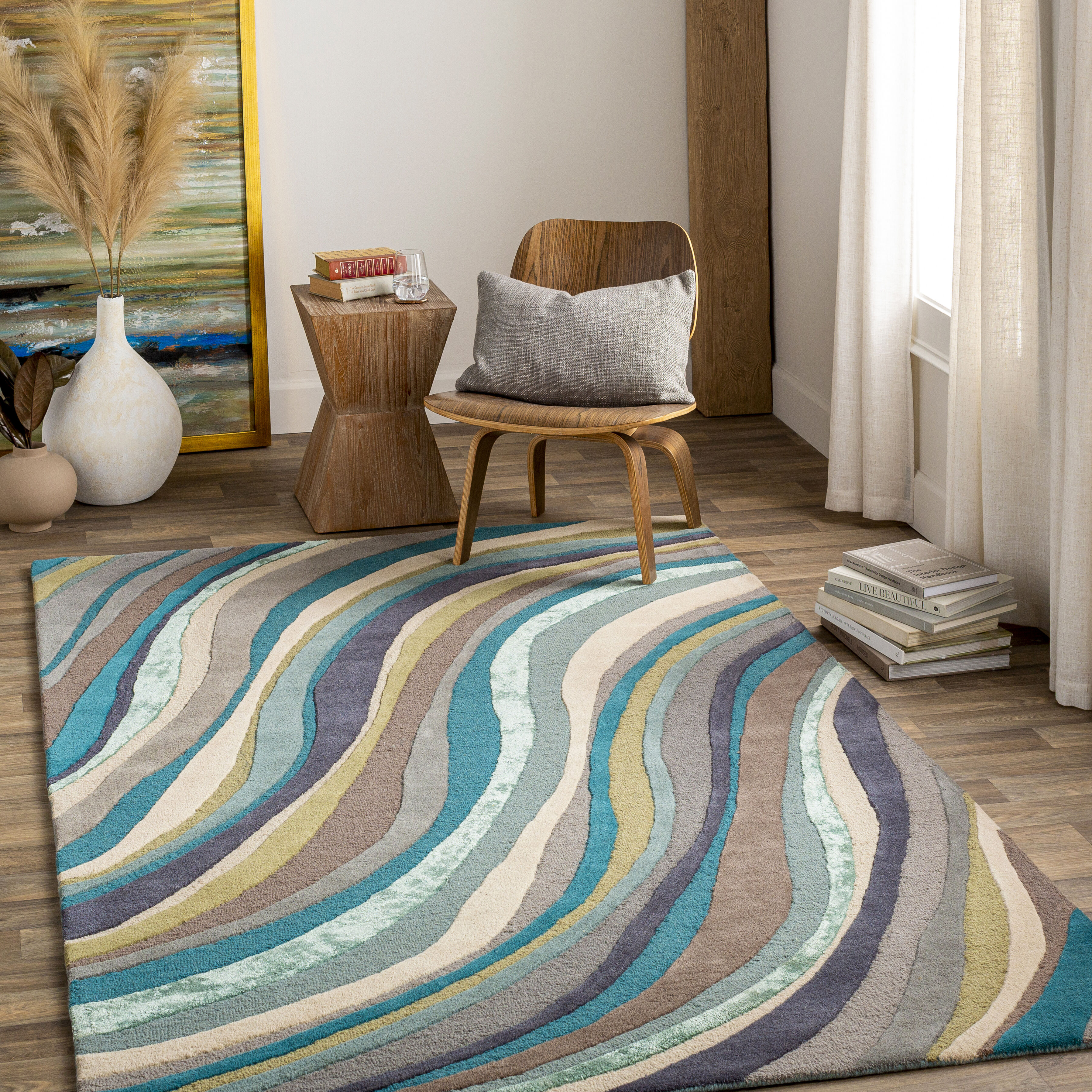 Olean 96 X 60 inch Teal/Aqua/Taupe/Cream/Dark Brown/Ink Rugs, Rectangle